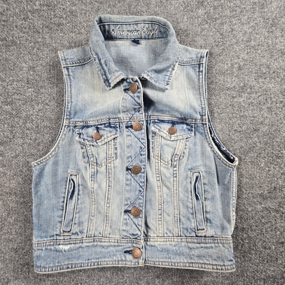American Eagle Denim Vest Womens Medium Light Blue  Distressed Cropped (T18)‎